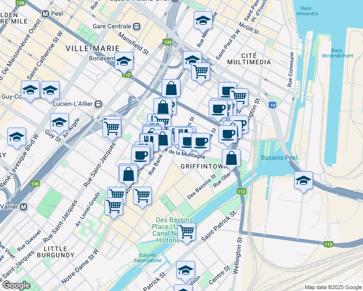 map of restaurants, bars, coffee shops, grocery stores, and more near 1216 Rue William in Montréal