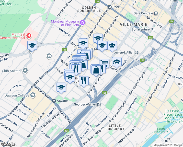 map of restaurants, bars, coffee shops, grocery stores, and more near 1198 Rue Saint Mathieu in Montréal