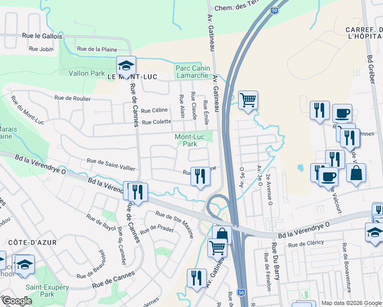 map of restaurants, bars, coffee shops, grocery stores, and more near 83 Rue de Roquevaire in Gatineau