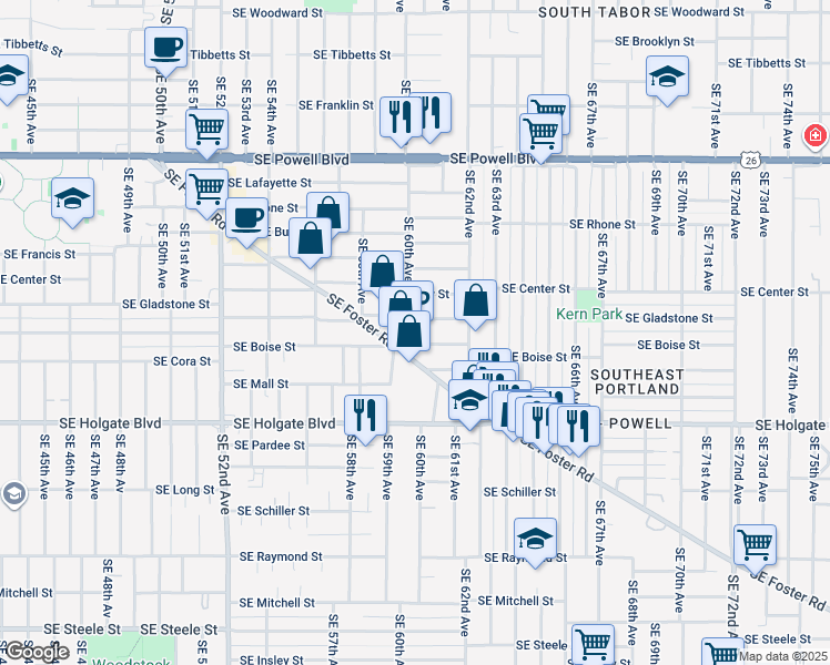 map of restaurants, bars, coffee shops, grocery stores, and more near 6031 Southeast Foster Road in Portland