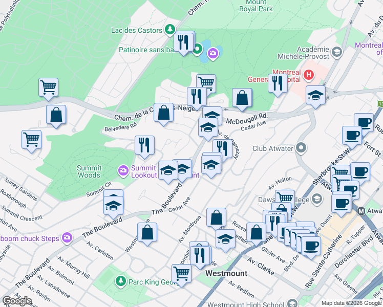 map of restaurants, bars, coffee shops, grocery stores, and more near 4645 Le Boulevard in Montreal