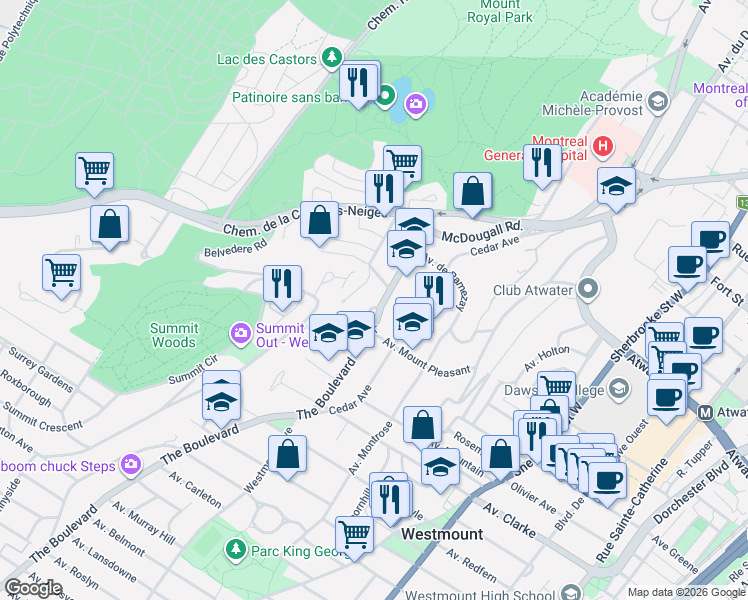 map of restaurants, bars, coffee shops, grocery stores, and more near 5105 Le Boulevard in Montreal