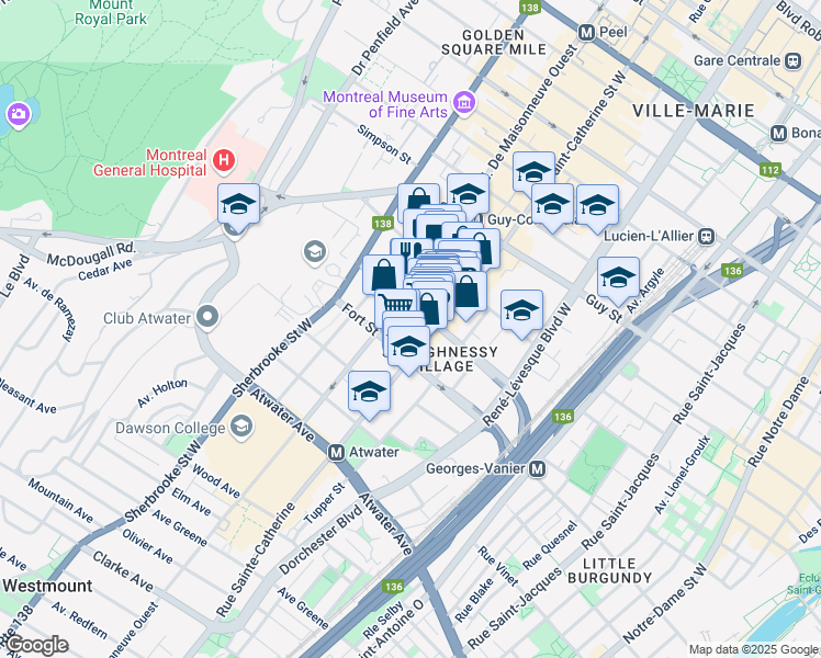 map of restaurants, bars, coffee shops, grocery stores, and more near 1433 Rue Towers in Montreal