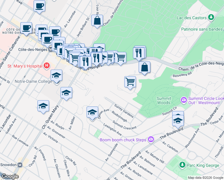 map of restaurants, bars, coffee shops, grocery stores, and more near 59 Avenue Oakland in Westmount
