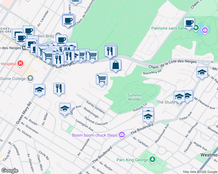 map of restaurants, bars, coffee shops, grocery stores, and more near 3570 Ridgewood Avenue in Montrã©Al