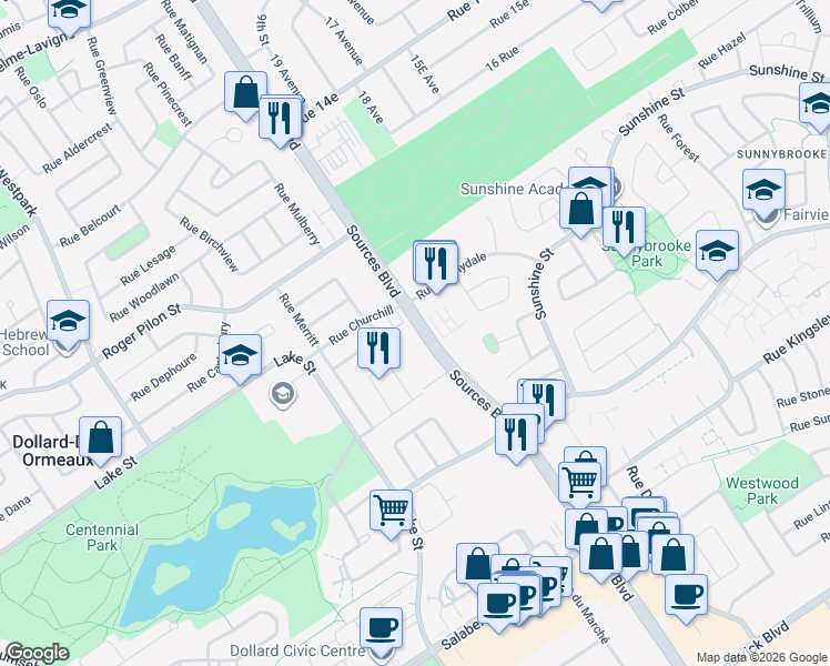 map of restaurants, bars, coffee shops, grocery stores, and more near 4060 Boulevard des Sources in Dollard-des-Ormeaux