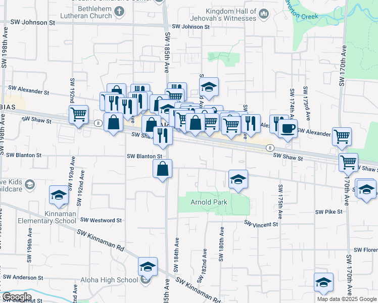map of restaurants, bars, coffee shops, grocery stores, and more near 18300 Southwest Shaw Street in Beaverton