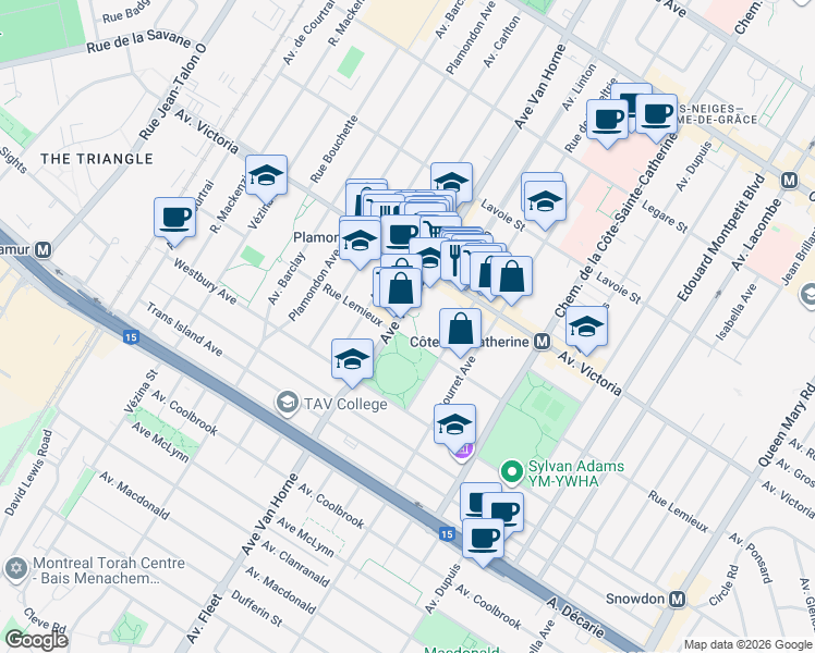 map of restaurants, bars, coffee shops, grocery stores, and more near 4880 Avenue Van Horne in Montréal