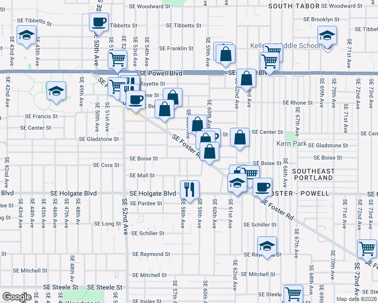 map of restaurants, bars, coffee shops, grocery stores, and more near 5816 Southeast Foster Road in Portland