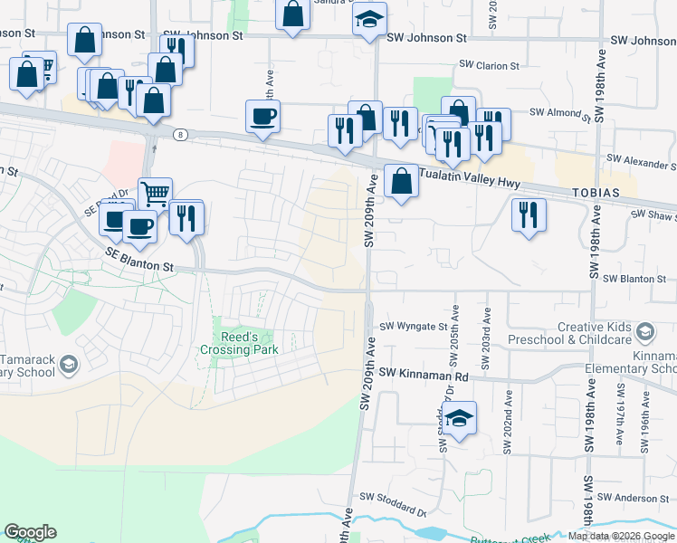 map of restaurants, bars, coffee shops, grocery stores, and more near 3501-3799 Southwest 209th Avenue in Aloha