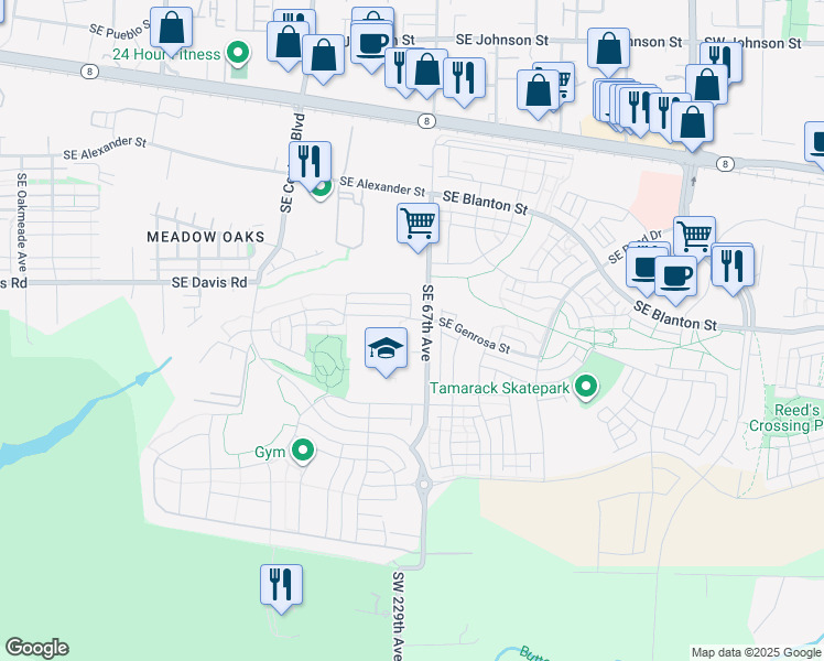 map of restaurants, bars, coffee shops, grocery stores, and more near 3658 Southeast 66th Avenue in Hillsboro