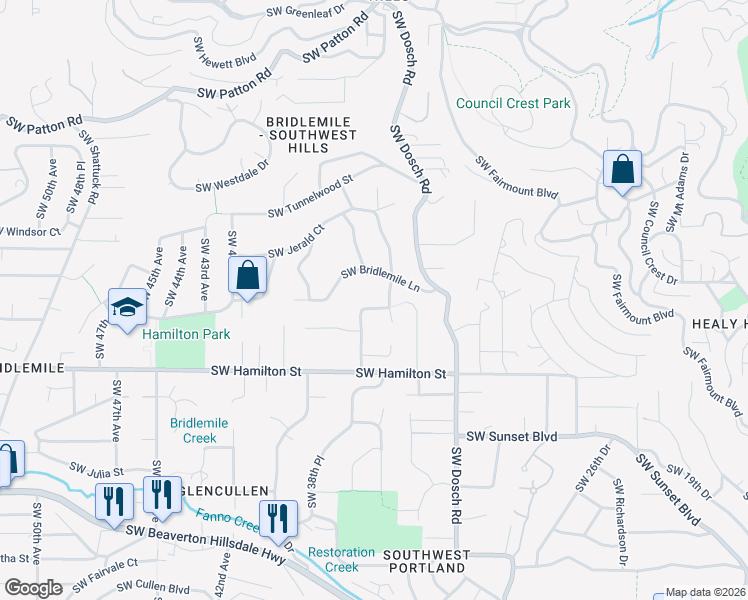 map of restaurants, bars, coffee shops, grocery stores, and more near 3520 Southwest Bridlemile Lane in Portland