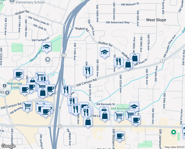 map of restaurants, bars, coffee shops, grocery stores, and more near 3670 Southwest 108th Avenue in Beaverton