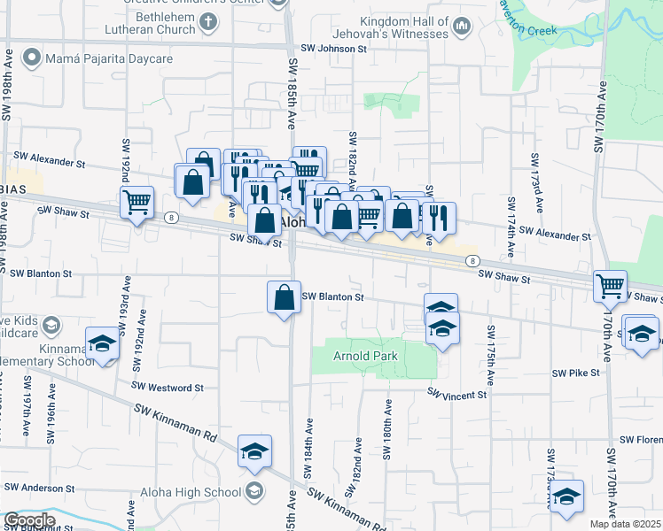 map of restaurants, bars, coffee shops, grocery stores, and more near 18240 Southwest Tualatin Valley Highway in Beaverton