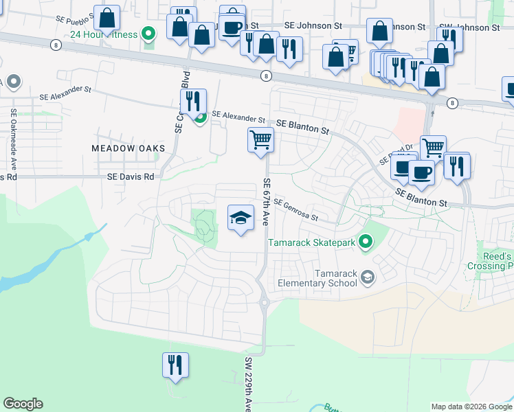 map of restaurants, bars, coffee shops, grocery stores, and more near 3658 Southeast 66th Avenue in Hillsboro