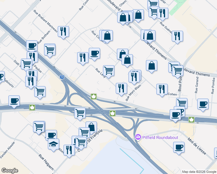 map of restaurants, bars, coffee shops, grocery stores, and more near 4800 Rue Levy in Montréal
