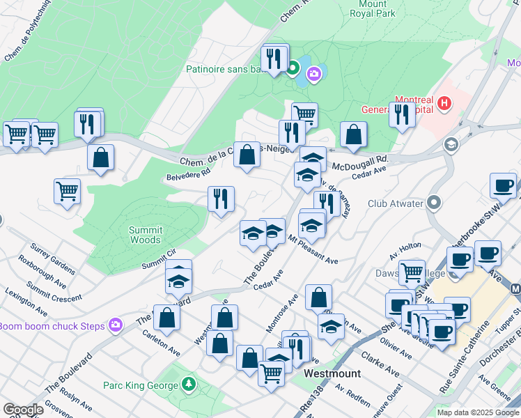 map of restaurants, bars, coffee shops, grocery stores, and more near 3223 Avenue Trafalgar in Westmount