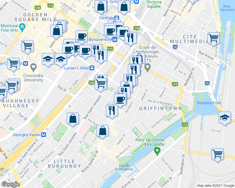 map of restaurants, bars, coffee shops, grocery stores, and more near 525 Rue Lucien-L'Allier in Montréal