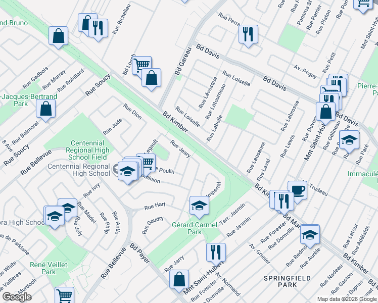 map of restaurants, bars, coffee shops, grocery stores, and more near 1098 Rue Jeary in Longueuil