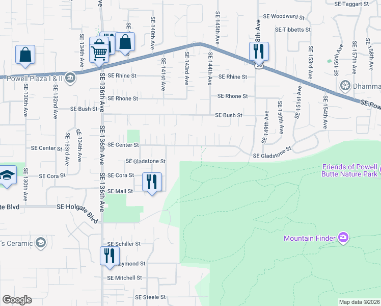map of restaurants, bars, coffee shops, grocery stores, and more near 14252 Southeast Center Street in Portland