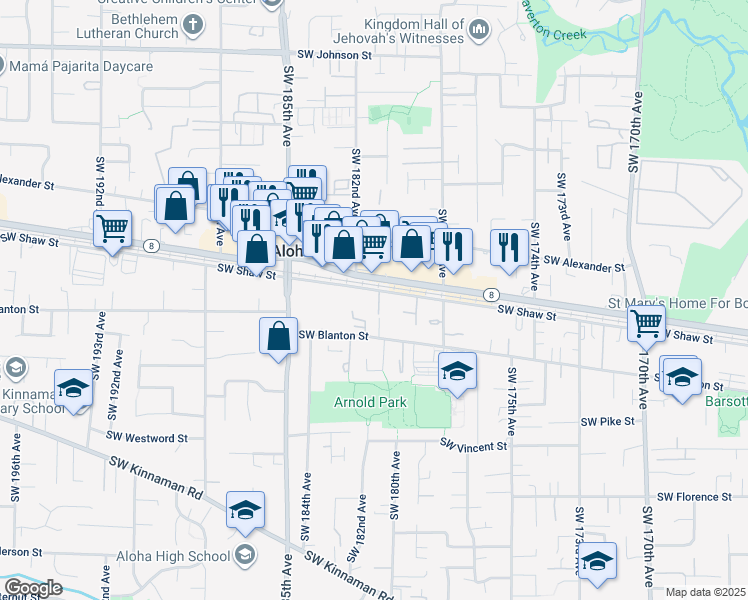 map of restaurants, bars, coffee shops, grocery stores, and more near 18100 Southwest Shaw Street in Beaverton