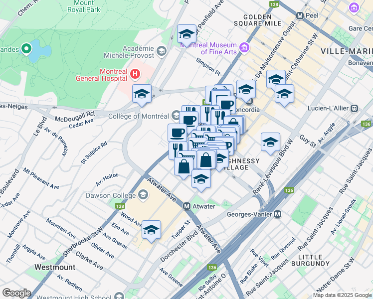 map of restaurants, bars, coffee shops, grocery stores, and more near 2075 Avenue Lincoln in Montréal