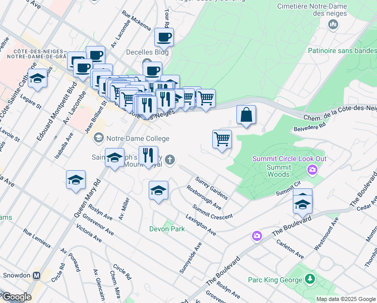 map of restaurants, bars, coffee shops, grocery stores, and more near 61 Avenue Oakland in Westmount