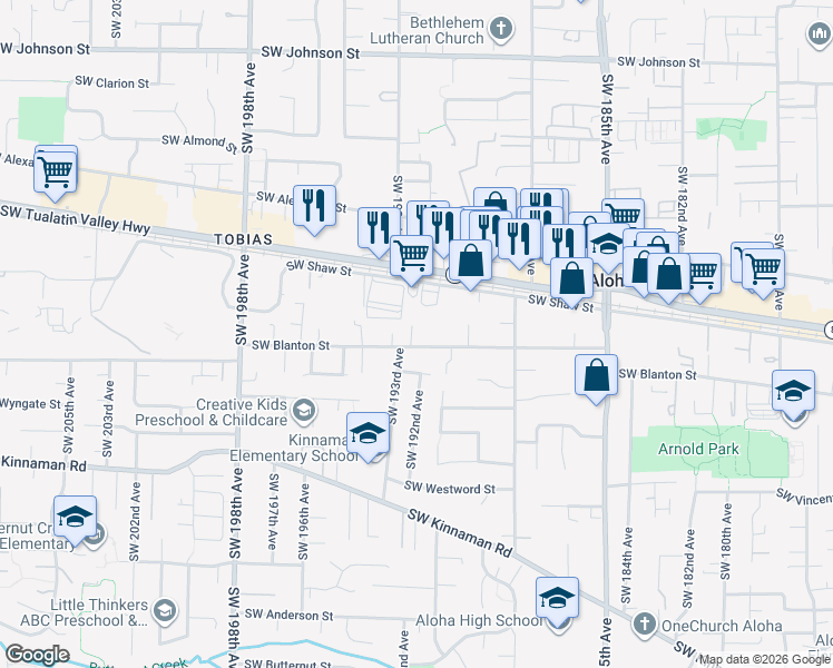 map of restaurants, bars, coffee shops, grocery stores, and more near 19100 Southwest Shaw Street in Beaverton