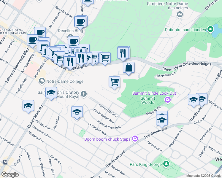 map of restaurants, bars, coffee shops, grocery stores, and more near 3615 Ridgewood Avenue in Montrã©Al