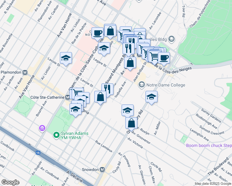 map of restaurants, bars, coffee shops, grocery stores, and more near 4405 Avenue Isabella in Montréal