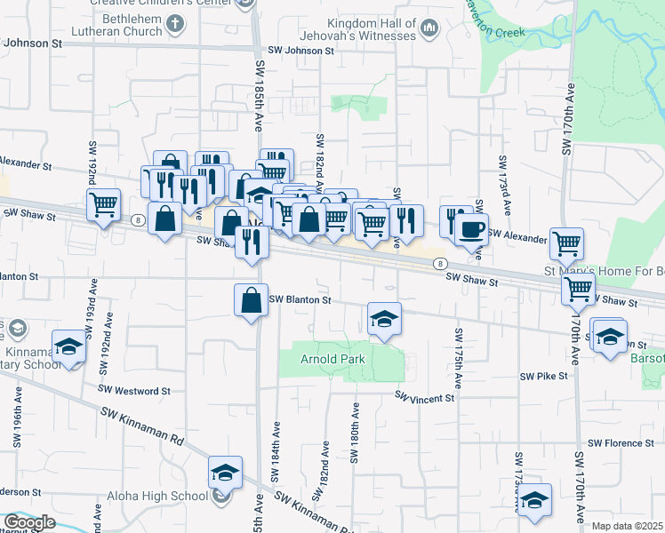 map of restaurants, bars, coffee shops, grocery stores, and more near 18075 Oregon 8 in Aloha