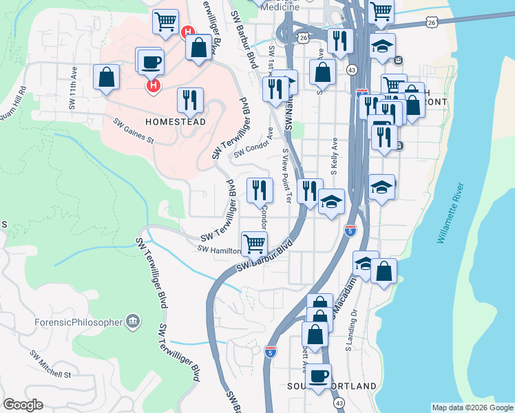 map of restaurants, bars, coffee shops, grocery stores, and more near 4084 Southwest Lowell Lane in Portland