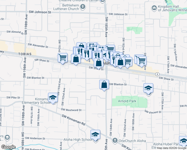 map of restaurants, bars, coffee shops, grocery stores, and more near 18664 Southwest Shaw Street in Beaverton