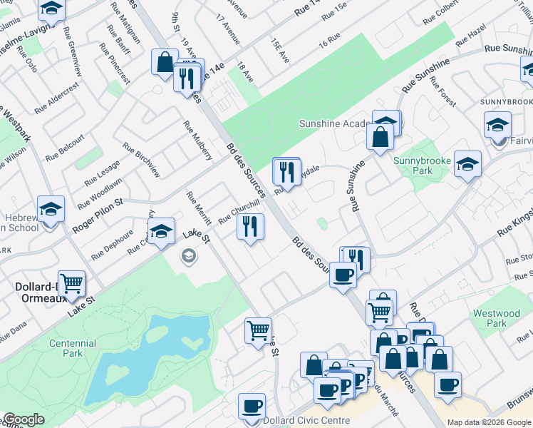 map of restaurants, bars, coffee shops, grocery stores, and more near 4080 Boulevard des Sources in Dollard-des-Ormeaux