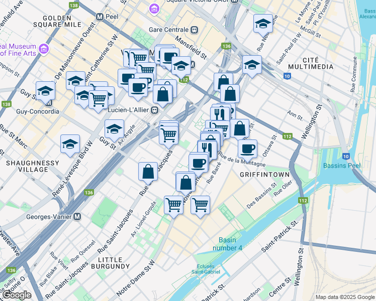 map of restaurants, bars, coffee shops, grocery stores, and more near 575 Rue Lucien l'Allier in Montreal