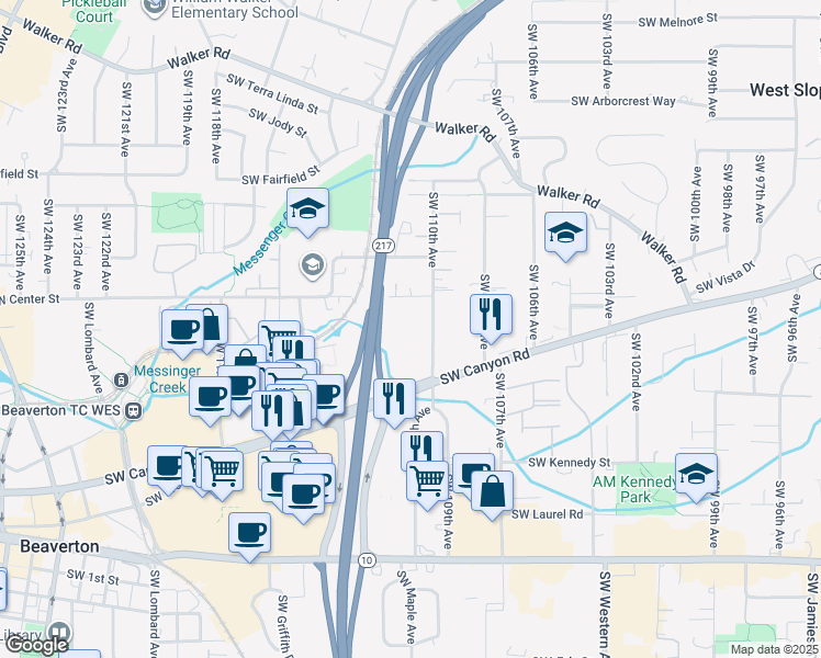 map of restaurants, bars, coffee shops, grocery stores, and more near 11055 Southwest Canyon Road in Beaverton