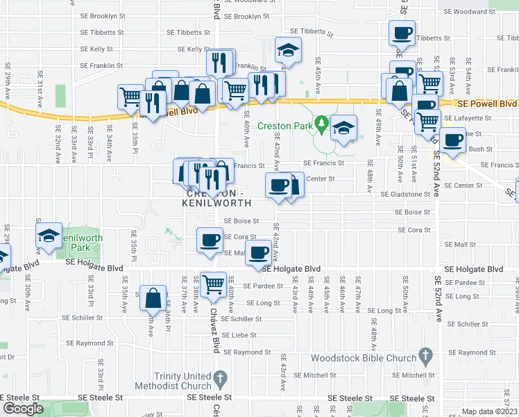map of restaurants, bars, coffee shops, grocery stores, and more near 4050 Southeast Gladstone Street in Portland