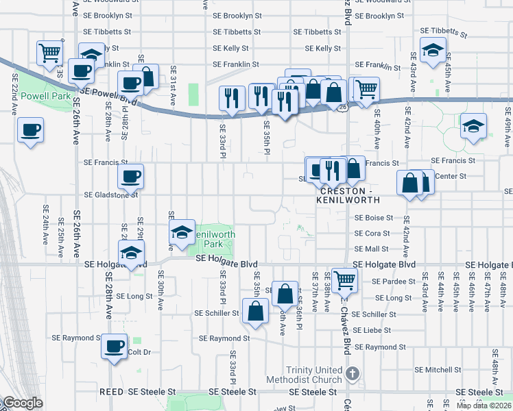 map of restaurants, bars, coffee shops, grocery stores, and more near 3546 Southeast Cora Drive in Portland