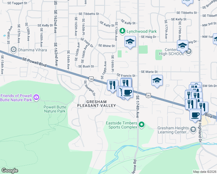 map of restaurants, bars, coffee shops, grocery stores, and more near 16824 Southeast Powell Boulevard in Portland