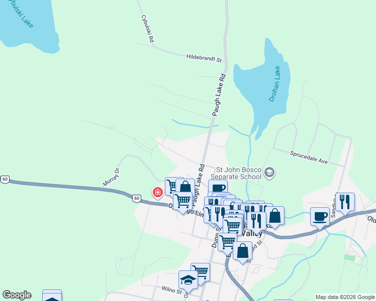 map of restaurants, bars, coffee shops, grocery stores, and more near 99 Paugh Lake Road in Barry's Bay