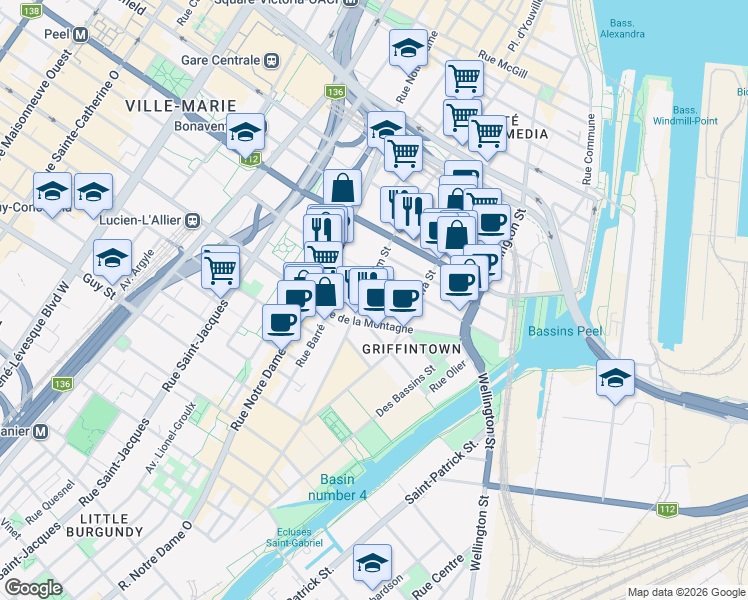 map of restaurants, bars, coffee shops, grocery stores, and more near 350 Rue Eleanor in Montréal