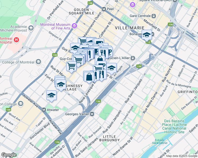 map of restaurants, bars, coffee shops, grocery stores, and more near 1650 René-Lévesque Boulevard West in Montreal