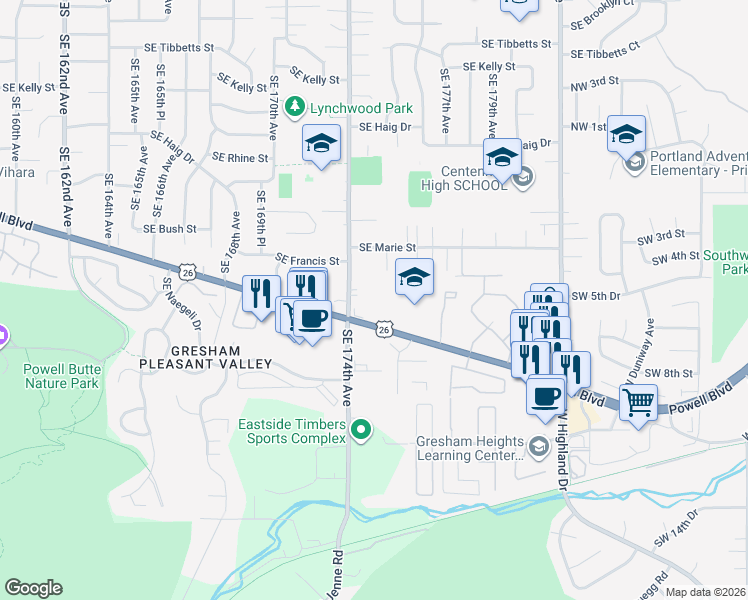 map of restaurants, bars, coffee shops, grocery stores, and more near 3986 Southeast 174th Avenue in Portland