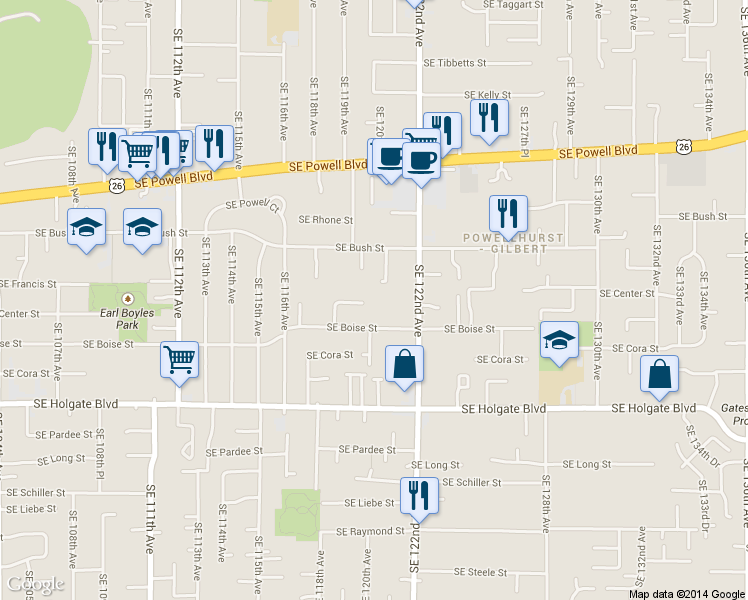 map of restaurants, bars, coffee shops, grocery stores, and more near 12008 Southeast Bush Street in Portland