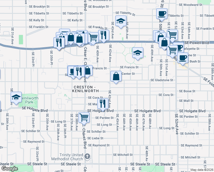 map of restaurants, bars, coffee shops, grocery stores, and more near 4135 Southeast 42nd Avenue in Portland