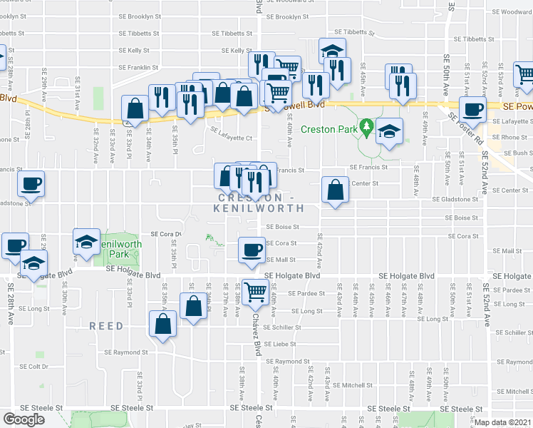 map of restaurants, bars, coffee shops, grocery stores, and more near in Portland