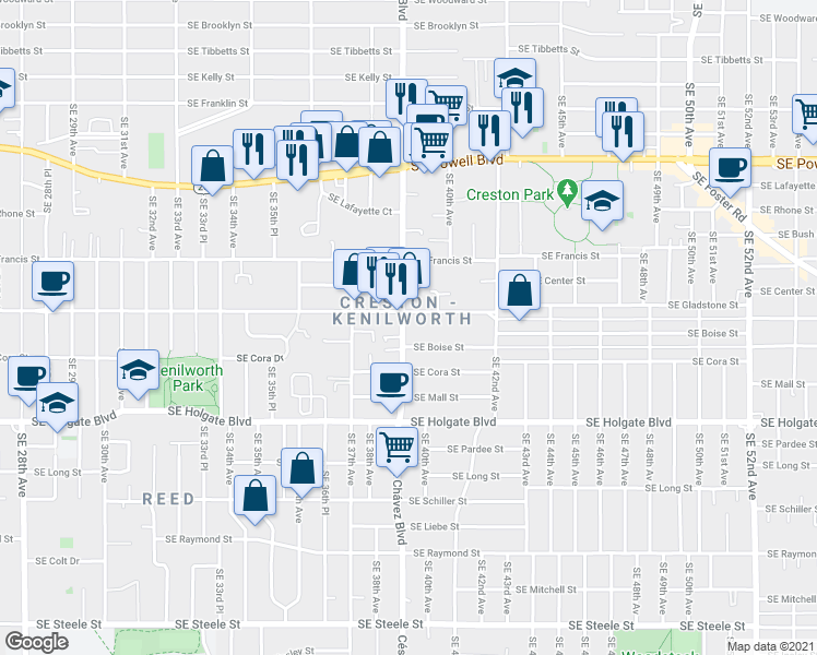 map of restaurants, bars, coffee shops, grocery stores, and more near in Portland