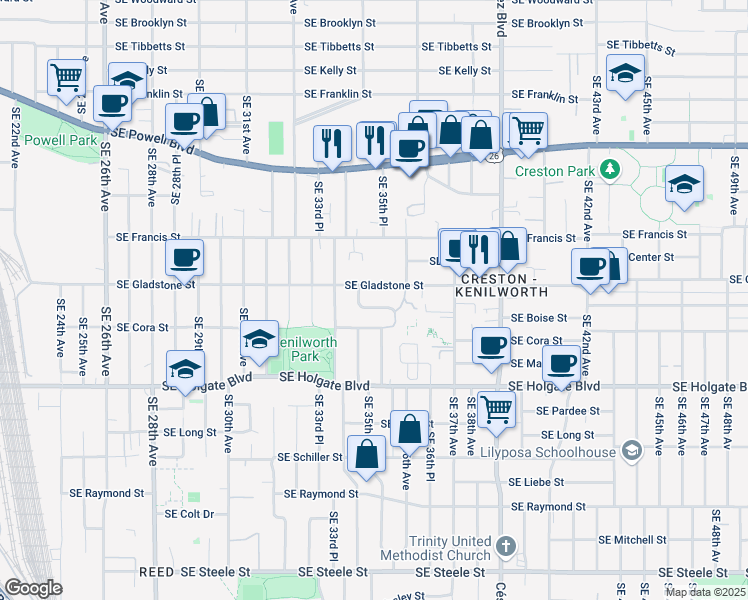 map of restaurants, bars, coffee shops, grocery stores, and more near 3531 Southeast Gladstone Street in Portland