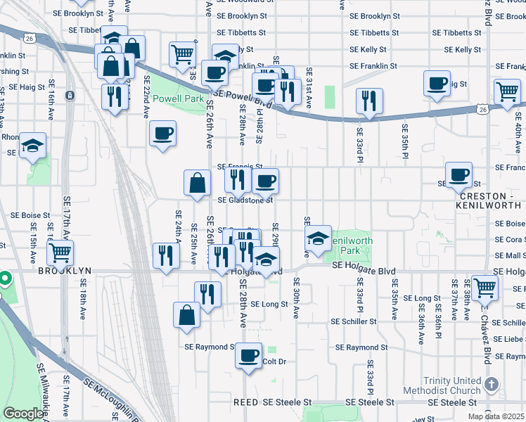 map of restaurants, bars, coffee shops, grocery stores, and more near in Portland