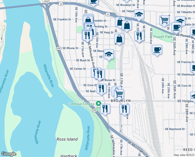 map of restaurants, bars, coffee shops, grocery stores, and more near 4100 Southeast Milwaukie Avenue in Portland
